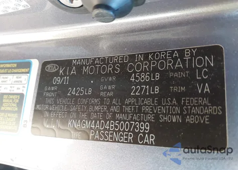 2011 Kia Optima Hybrid Ex from USA, damaged, VIN KNAGM4AD4BS007999